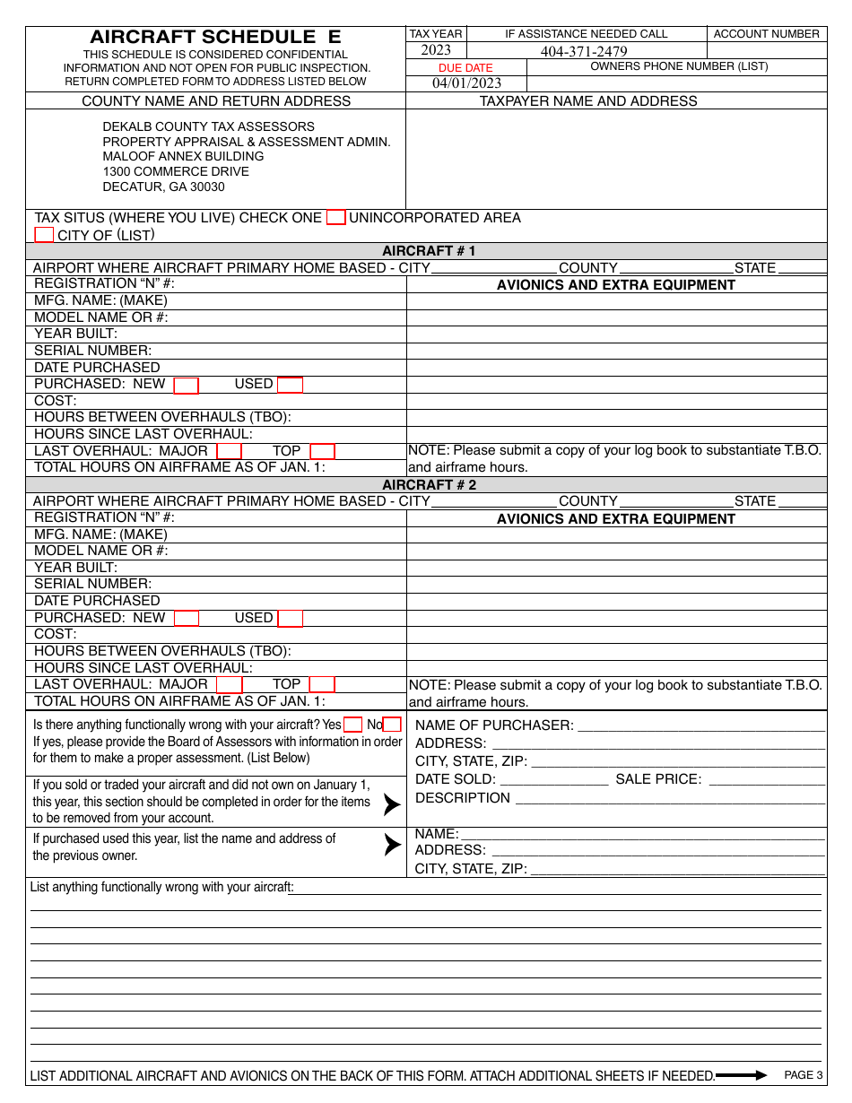 Form PT-50A Aircraft Personal Property Tax Return - DeKalb County, Georgia (United States), Page 5