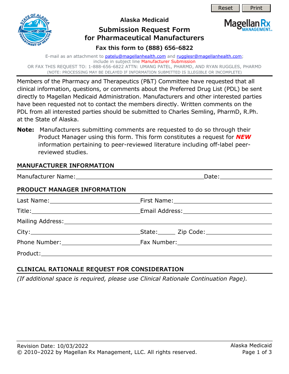 Submission Request Form for Pharmaceutical Manufacturers - Alaska, Page 1