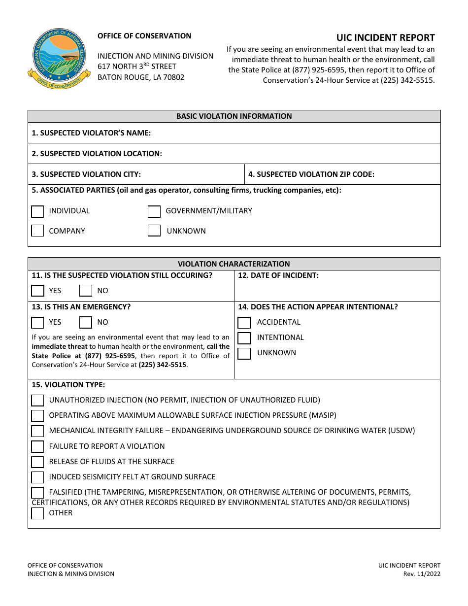 Form IMD-GS-12 Uic Incident Report - Louisiana, Page 1