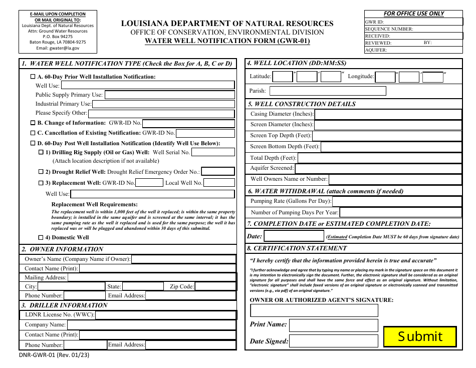 Form DNR-GWR-01 Water Well Notification Form - Louisiana, Page 1
