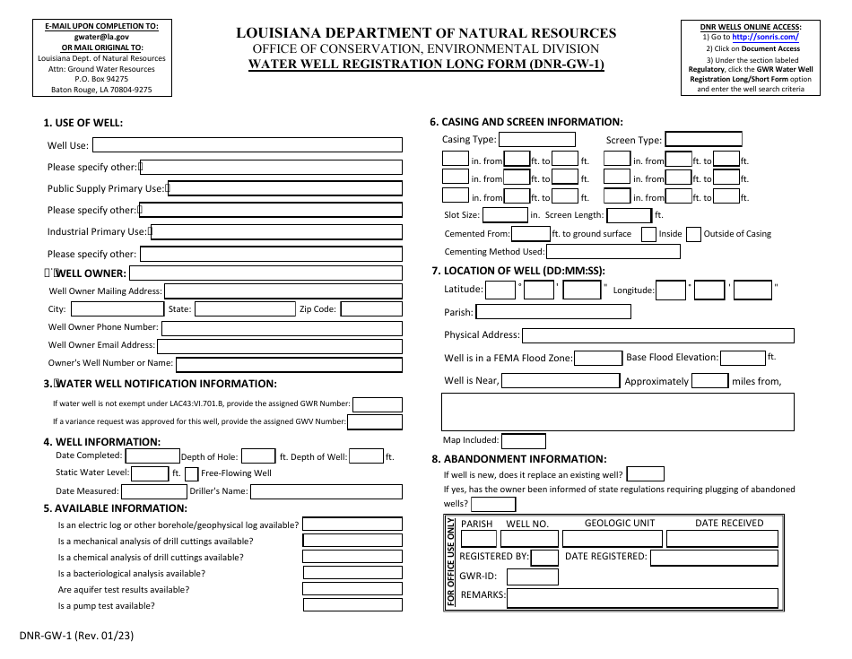 Form DNR-GW-1 Water Well Registration Long Form - Louisiana, Page 1