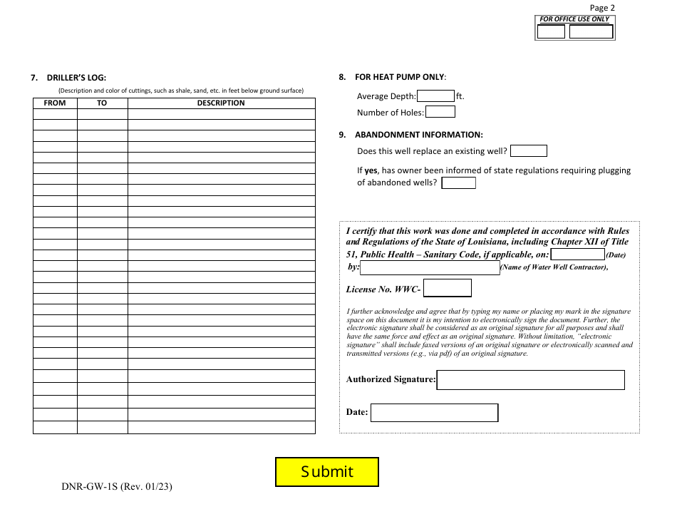 Form DNR-GW-1S Water Well Registration Short Form - Louisiana, Page 2