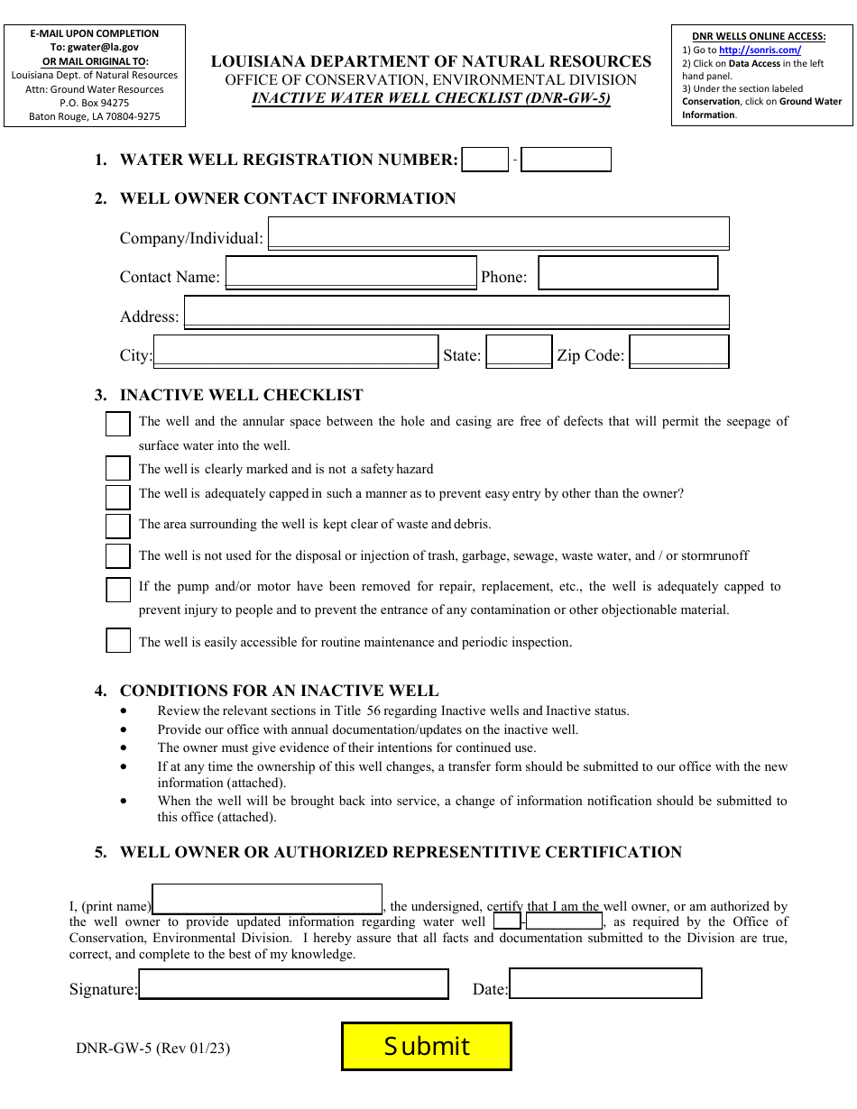 Form DNR-GW-5 Inactive Water Well Checklist - Louisiana, Page 1
