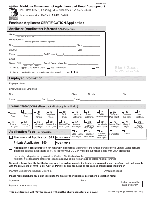 Form PI-232.1 Pesticide Applicator Certification Application - Michigan