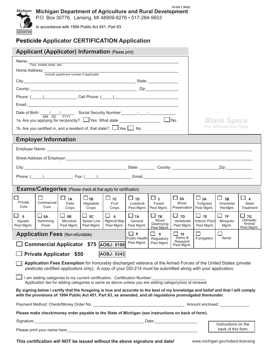 Form PI-232.1 Pesticide Applicator Certification Application - Michigan, Page 1
