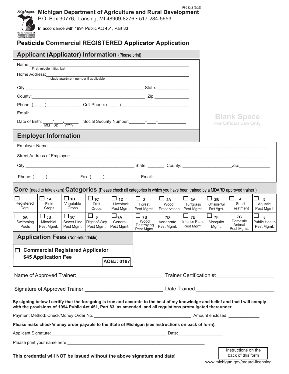 Form PI-232.2 Pesticide Commercial Registered Applicator Application - Michigan, Page 1