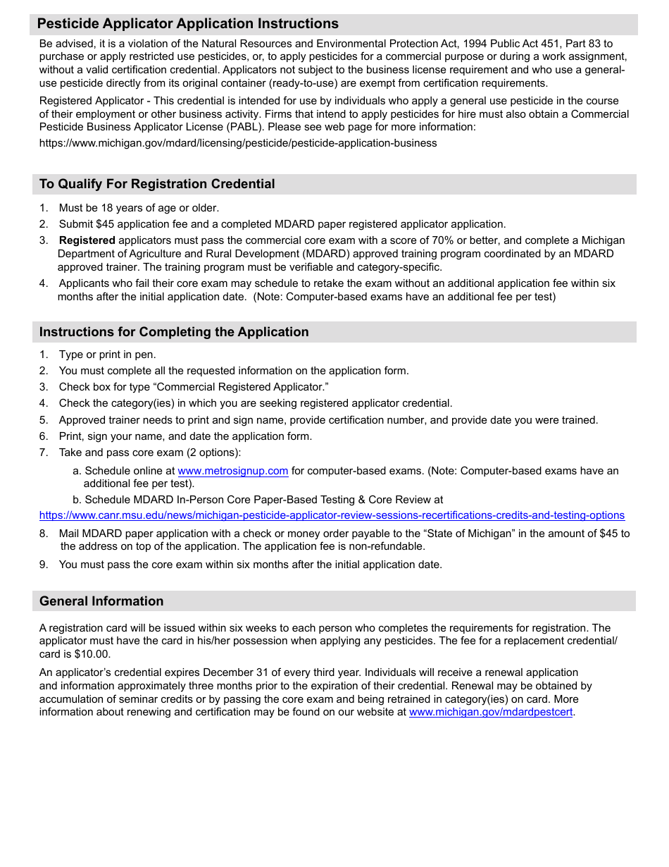Form PI-232.2 Pesticide Commercial Registered Applicator Application - Michigan, Page 2