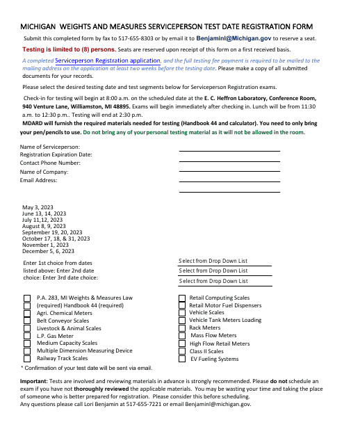 2023 Michigan Michigan Weights and Measures Serviceperson Test Date ...