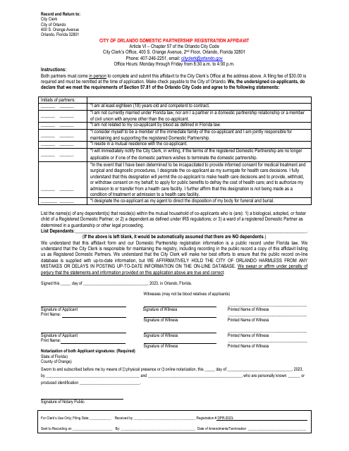 Domestic Partnership Registration Affidavit - City of Orlando, Florida, 2023
