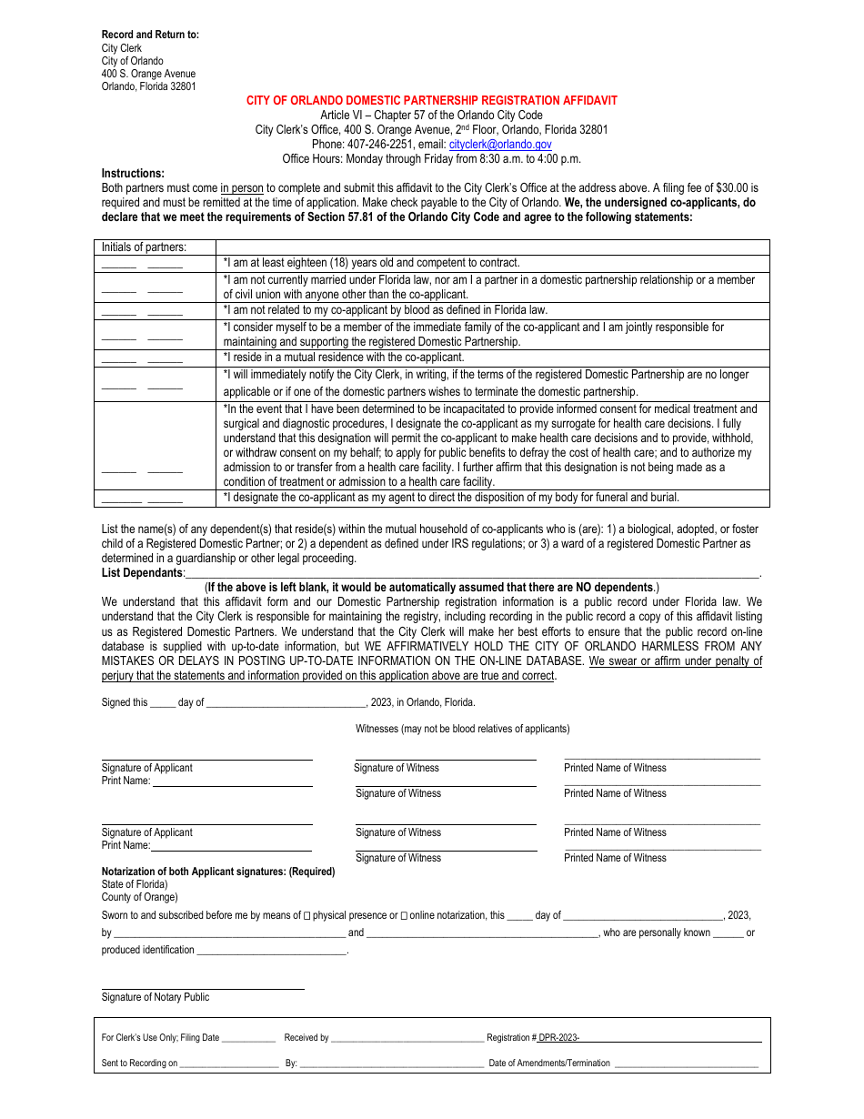 Domestic Partnership Registration Affidavit - City of Orlando, Florida, Page 1