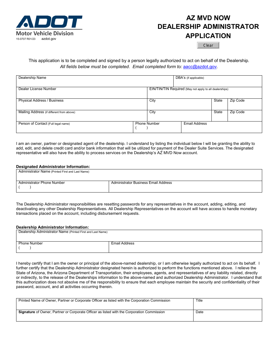Form 15-0707 Az Mvd Now Dealership Administrator Application - Arizona, Page 1