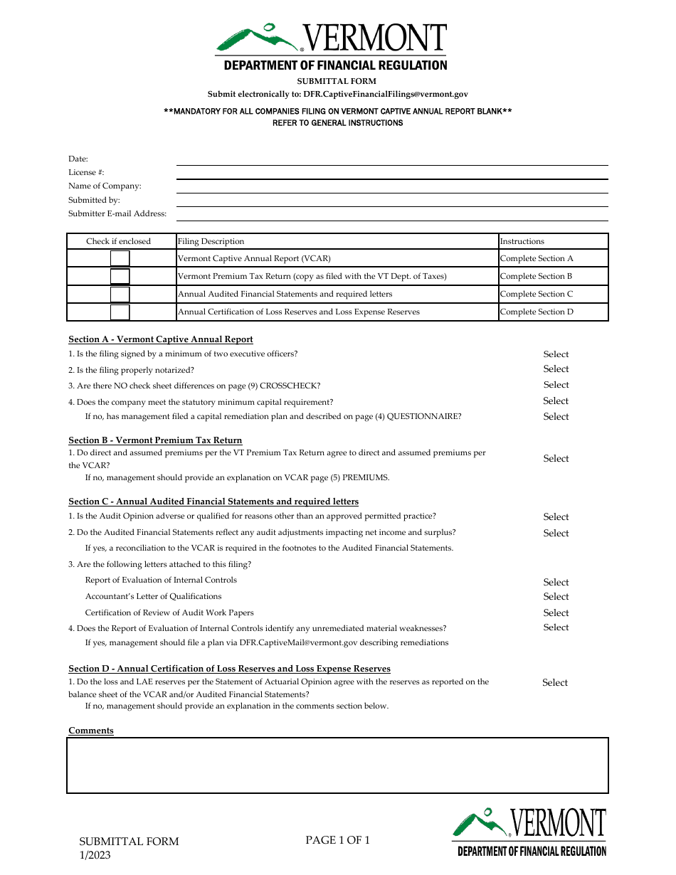 Submittal Form: Vcar, Premium Tax (Copy), Audit and Actuarial Filings - Vermont, Page 1