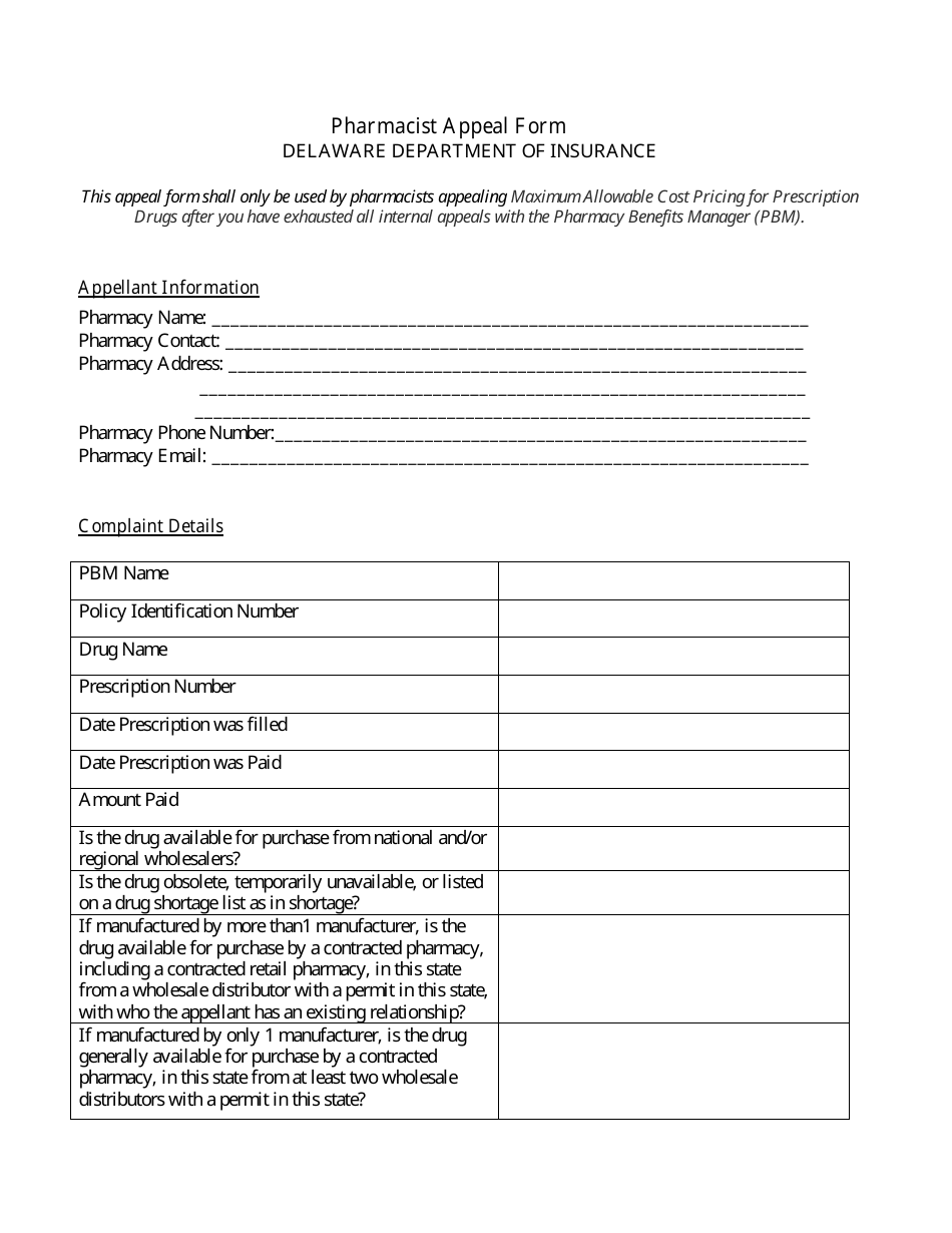 Pharmacist Appeal Form - Delaware, Page 1