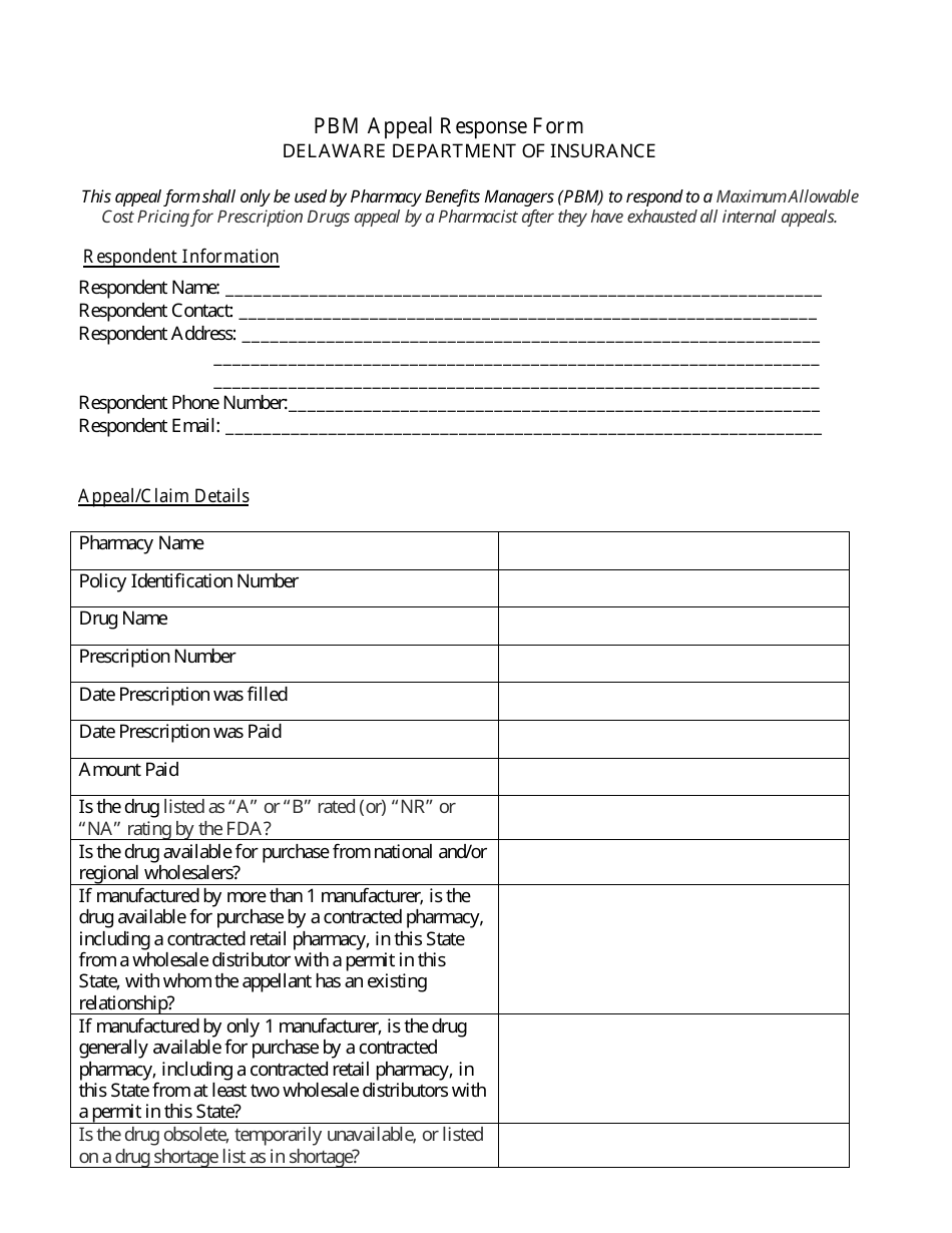 Pbm Appeal Response Form - Delaware, Page 1