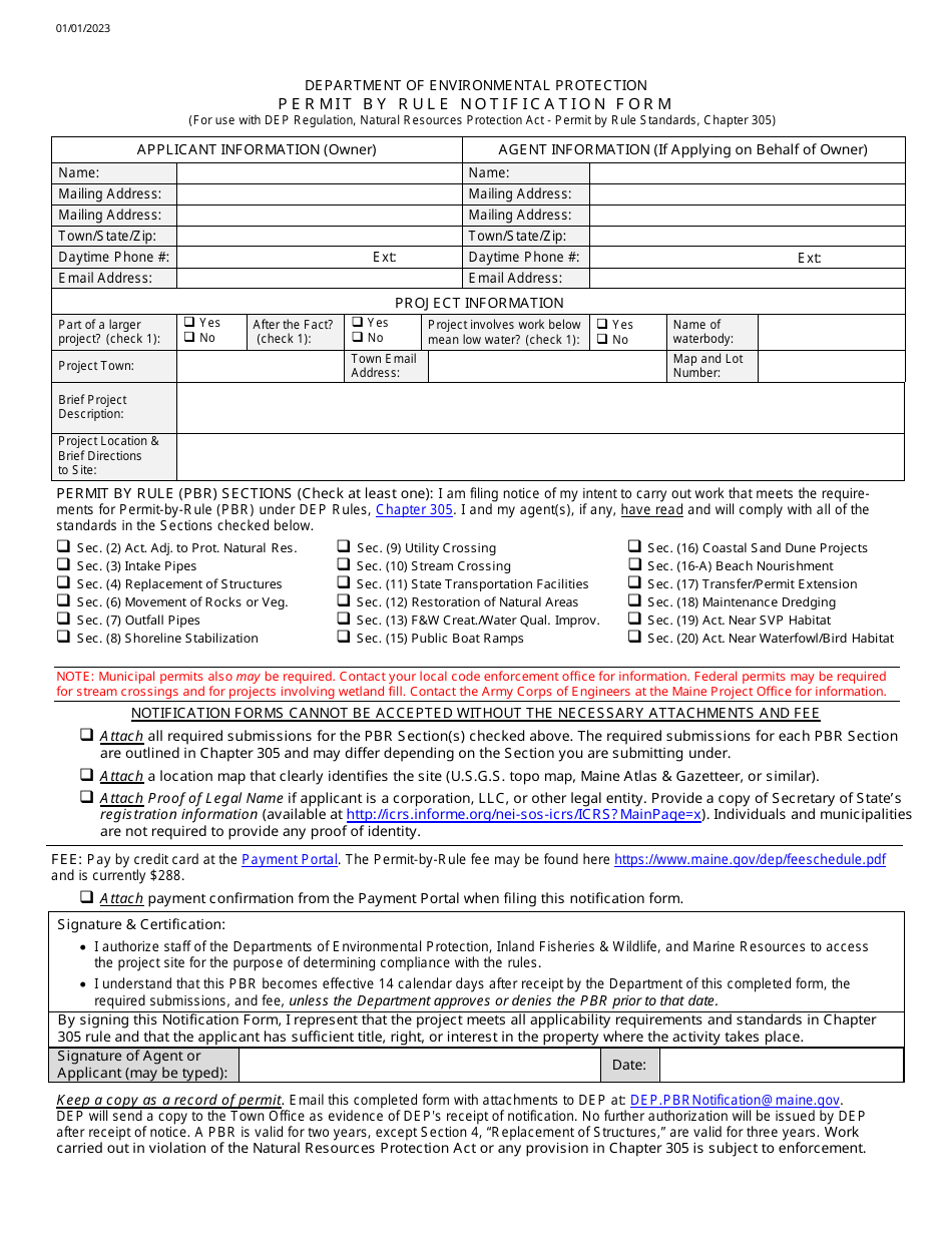 Permit by Rule Notification Form - Maine, Page 1