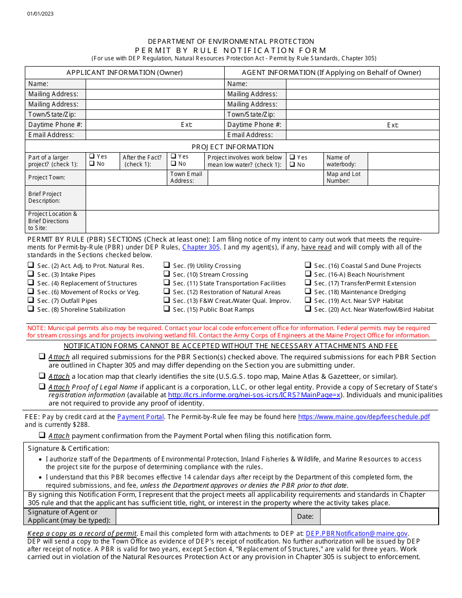 Maine Permit by Rule Notification Form Download Fillable PDF