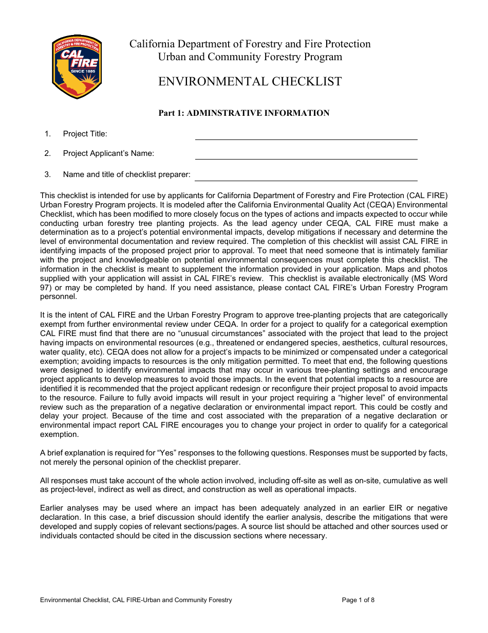 Environmental Checklist - Urban and Community Forestry Program - California, Page 1