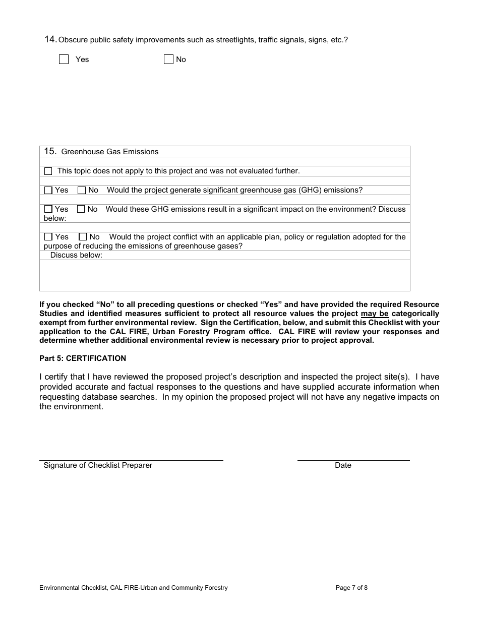 Environmental Checklist - Urban and Community Forestry Program - California, Page 7