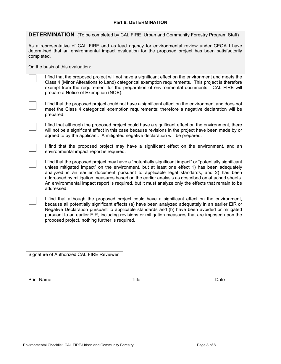 Environmental Checklist - Urban and Community Forestry Program - California, Page 8