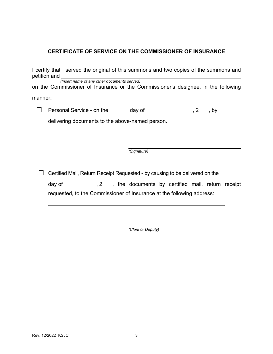 Kansas Insurance Summons and Return of Service - Fill Out, Sign Online ...