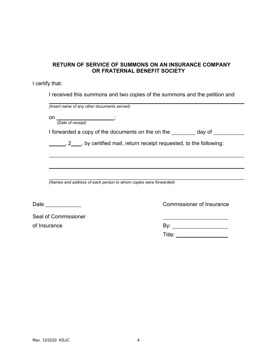 Kansas Insurance Summons and Return of Service - Fill Out, Sign Online ...