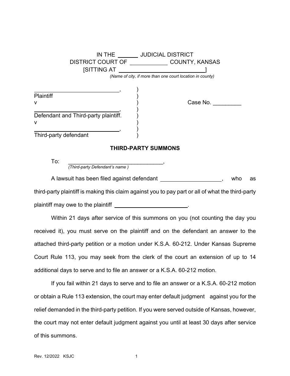 Third-Party Summons and Return of Service - Kansas, Page 1