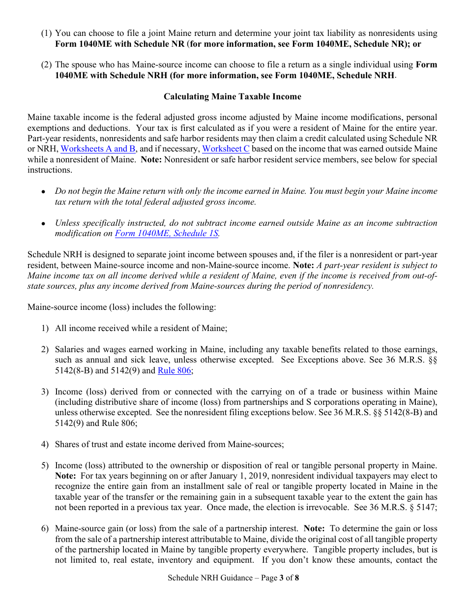 Instructions for Form 1040ME Schedule NRH Schedule for Apportionment and for Calculating the Nonresident Credit for Married Person Electing to File Single - Maine, Page 3