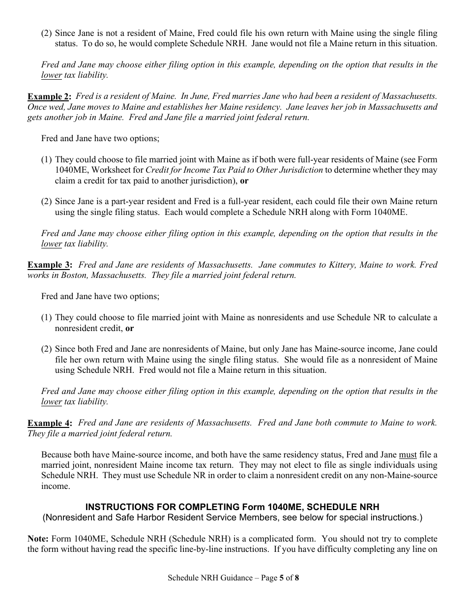 Instructions for Form 1040ME Schedule NRH Schedule for Apportionment and for Calculating the Nonresident Credit for Married Person Electing to File Single - Maine, Page 5
