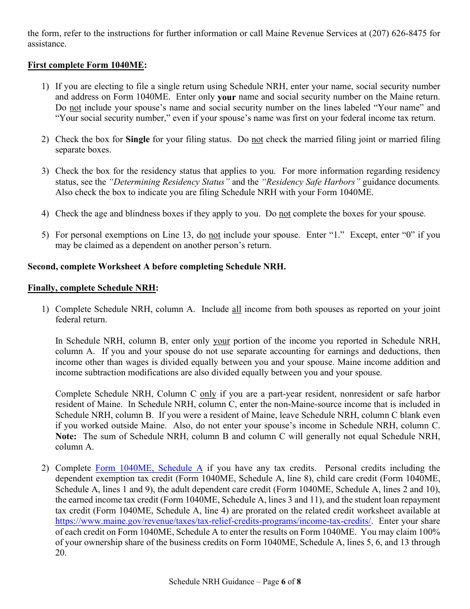 Instructions for Form 1040ME Schedule NRH Schedule for Apportionment and for Calculating the Nonresident Credit for Married Person Electing to File Single - Maine, Page 6