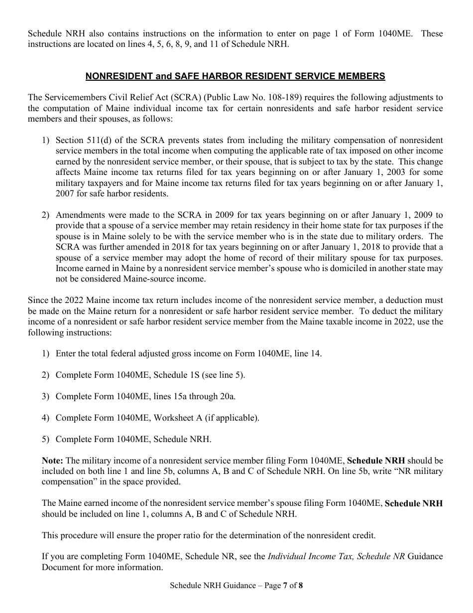 Instructions for Form 1040ME Schedule NRH Schedule for Apportionment and for Calculating the Nonresident Credit for Married Person Electing to File Single - Maine, Page 7