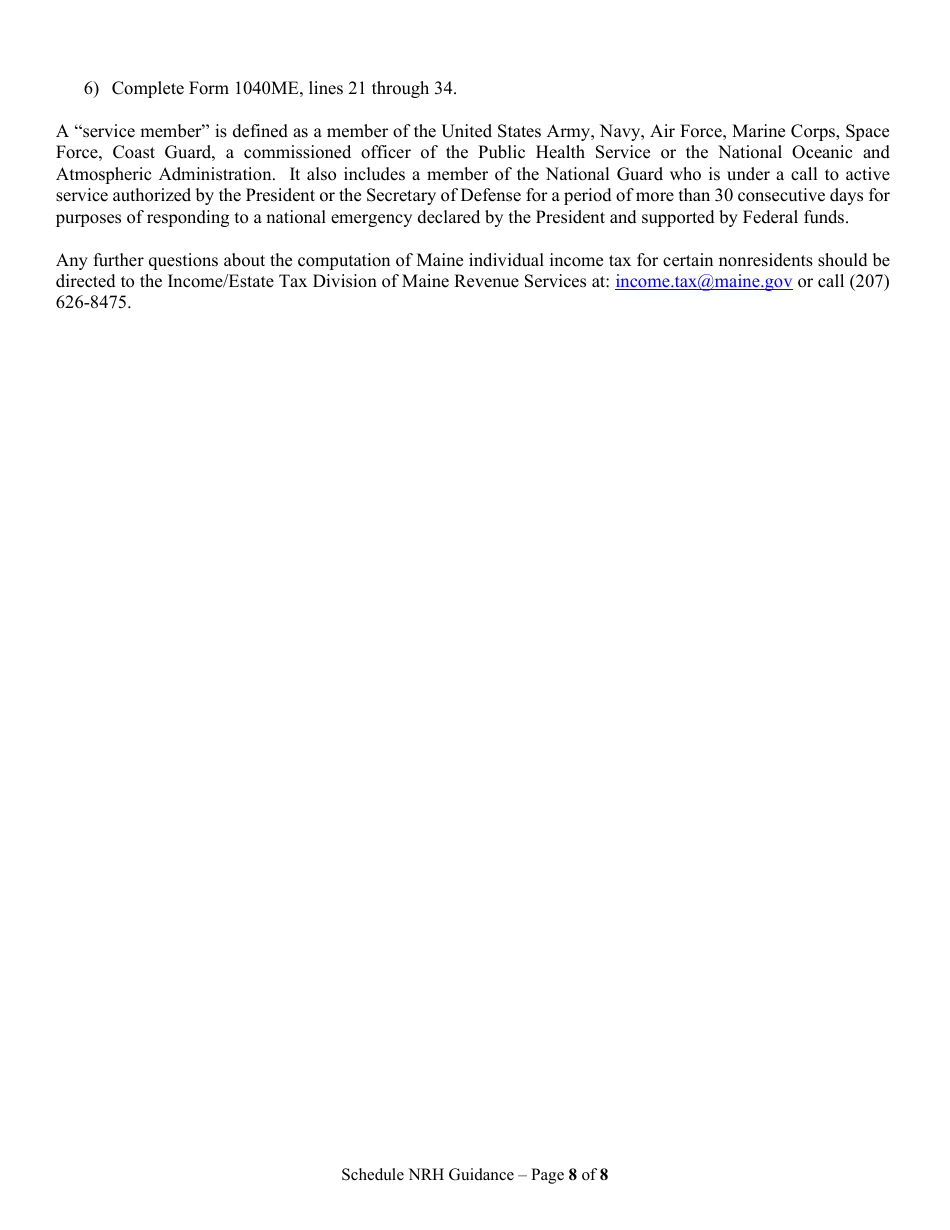 Instructions for Form 1040ME Schedule NRH Schedule for Apportionment and for Calculating the Nonresident Credit for Married Person Electing to File Single - Maine, Page 8