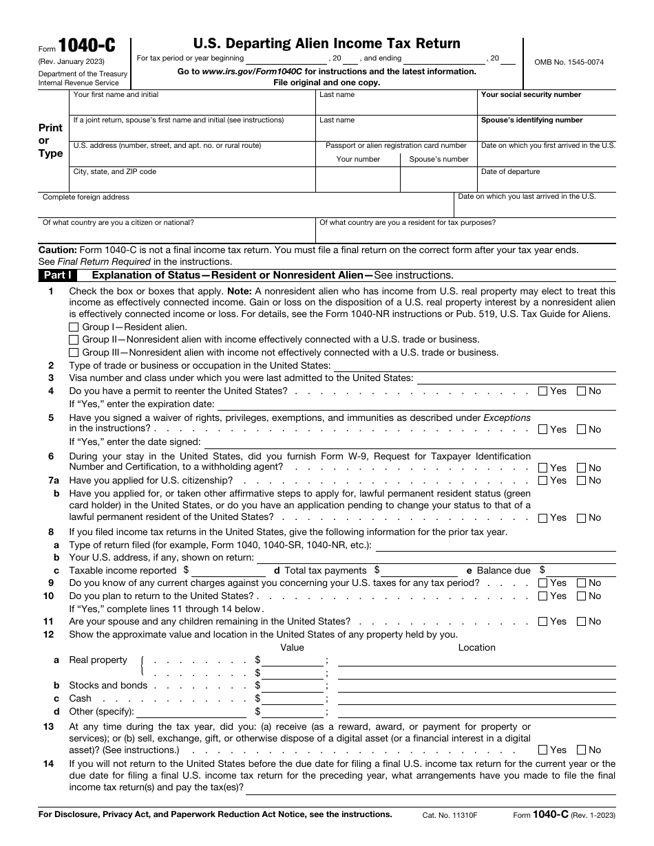 IRS Form 1040-C U.S. Departing Alien Income Tax Return, Page 1