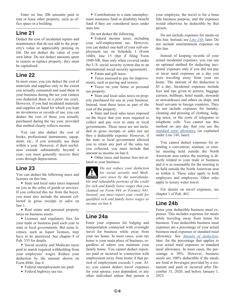 Instructions for IRS Form 1040 Schedule C Profit or Loss From Business, Page 9