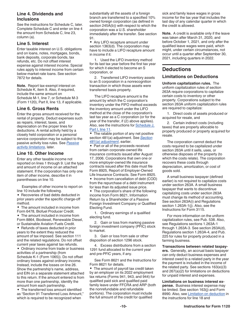 Instructions for IRS Form 1120 U.S. Corporation Income Tax Return, Page 10