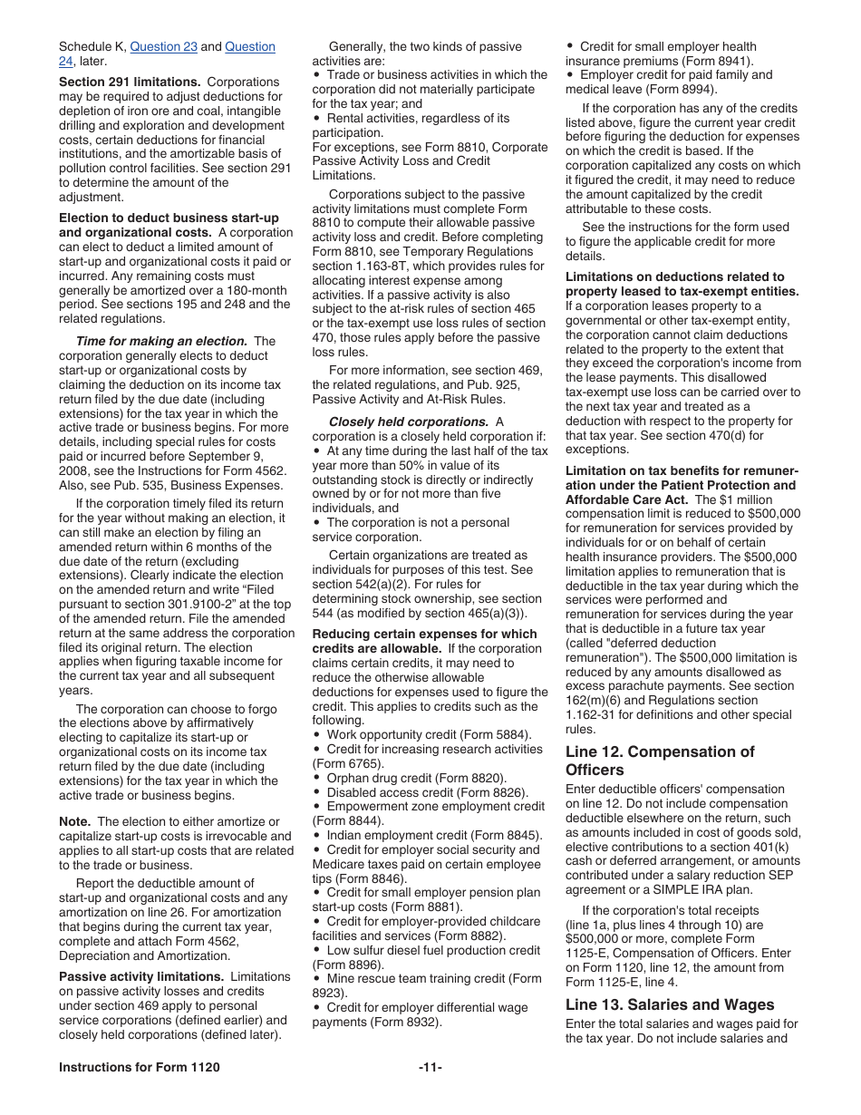 Instructions for IRS Form 1120 U.S. Corporation Income Tax Return, Page 11
