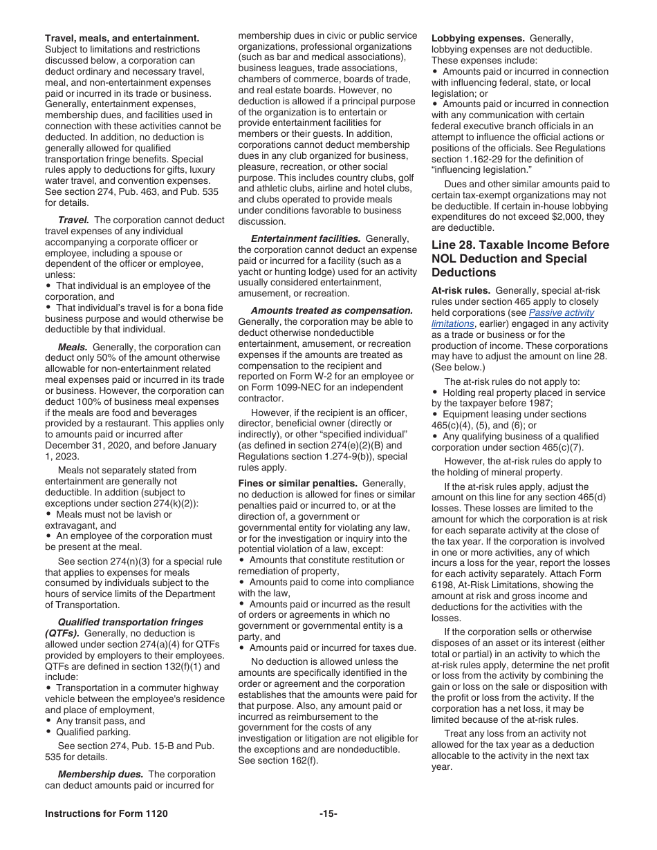 Instructions for IRS Form 1120 U.S. Corporation Income Tax Return, Page 15