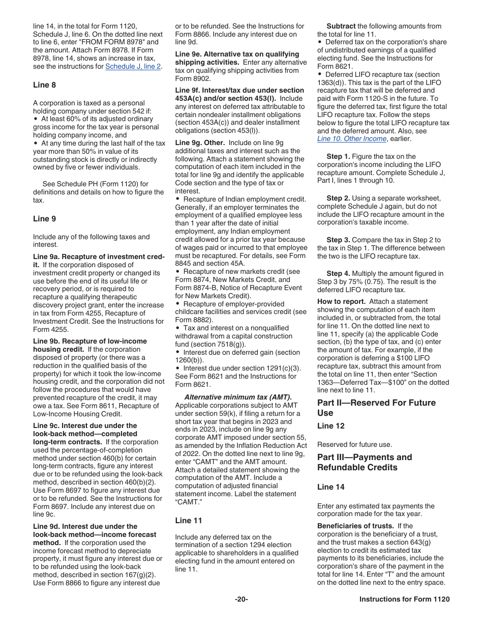 Instructions for IRS Form 1120 U.S. Corporation Income Tax Return, Page 20