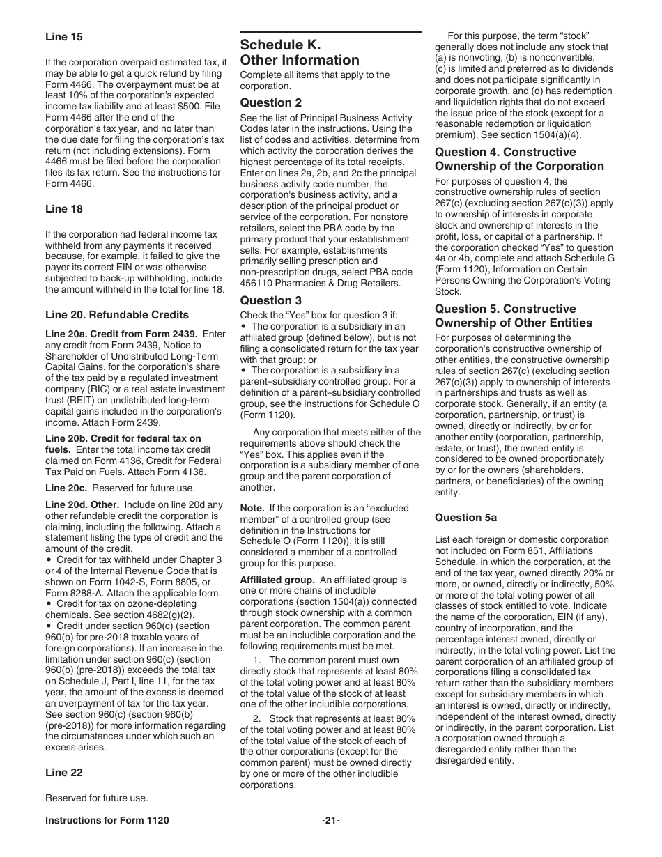 Instructions for IRS Form 1120 U.S. Corporation Income Tax Return, Page 21