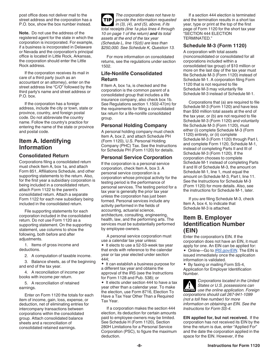 Instructions for IRS Form 1120 U.S. Corporation Income Tax Return, Page 8