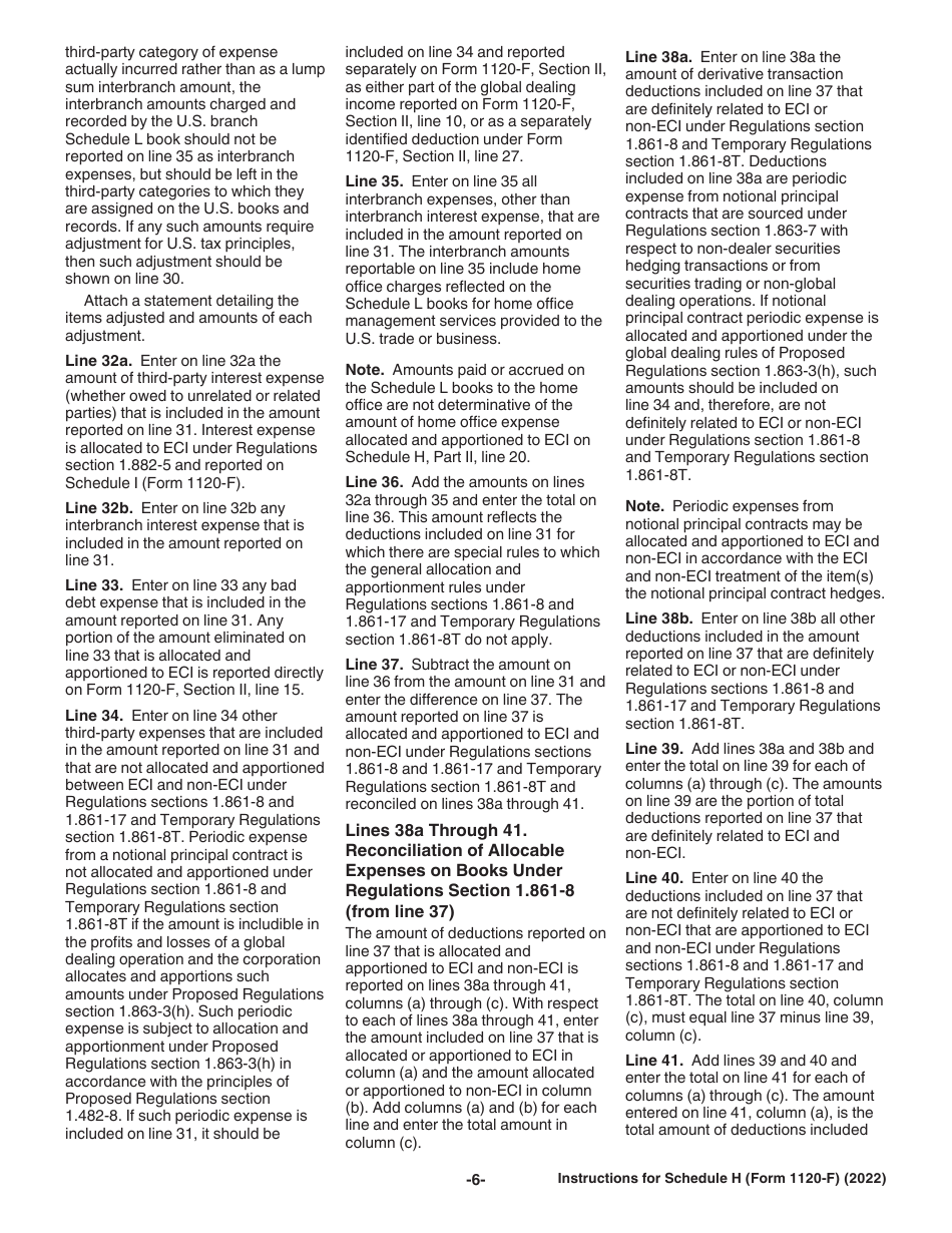 Instructions for IRS Form 1120-F Schedule H Deductions Allocated to Effectively Connected Income Under Regulations Section 1.861-8, Page 6