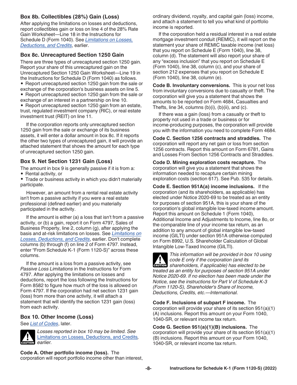 Instructions for Form 1120-S Schedule K-1 Shareholders Share of Income, Deductions, Credits, Etc., Page 8