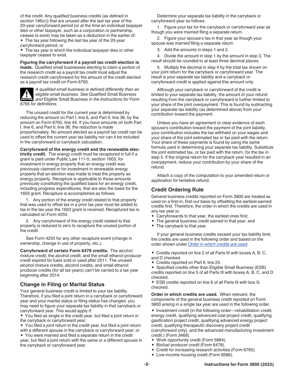 Instructions for IRS Form 3800 General Business Credit, Page 2