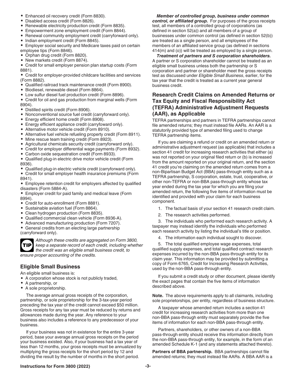 Instructions for IRS Form 3800 General Business Credit, Page 3