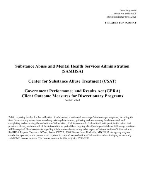 Government Performance and Results Act (Gpra) Client Outcome Measures for Discretionary Programs Download Pdf