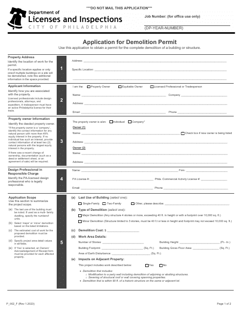 Form P_002_F Application for Demolition Permit - City of Philadelphia, Pennsylvania