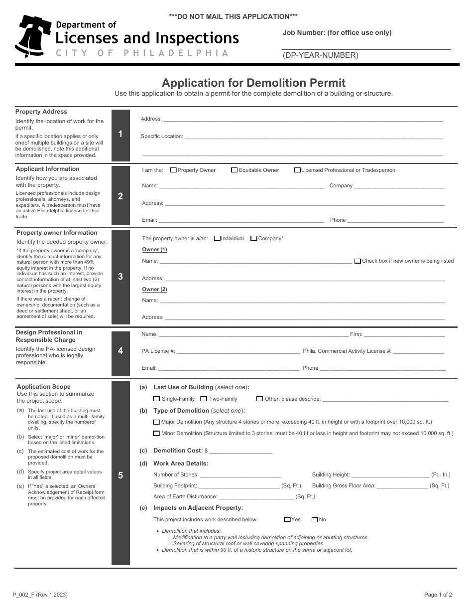 Form P_002_F Application for Demolition Permit - City of Philadelphia, Pennsylvania, Page 1