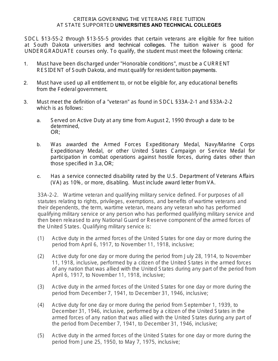 SDDVA Form 16 Veterans Application for Free Tuition at State Supported Universities and Technical Colleges - South Dakota, Page 2