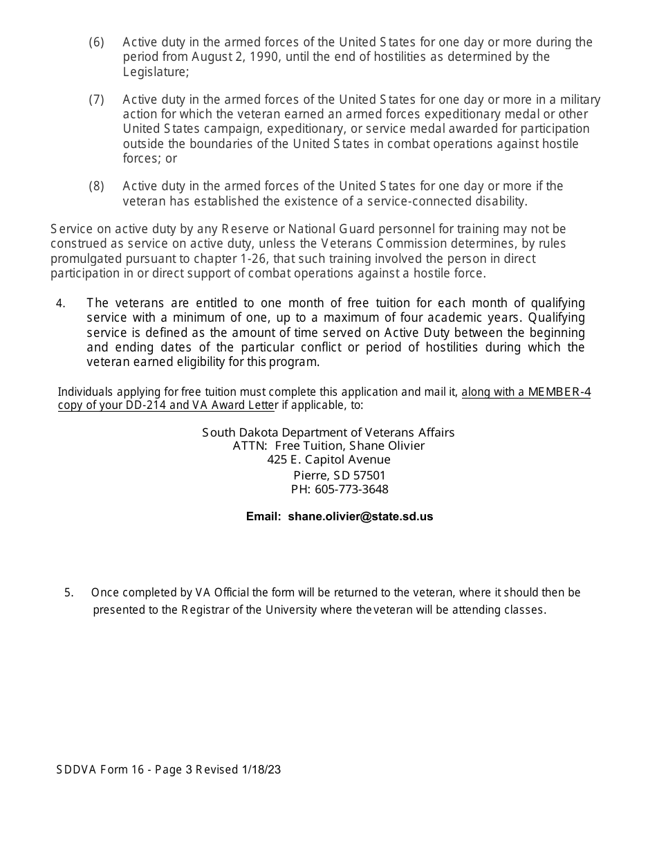 SDDVA Form 16 Veterans Application for Free Tuition at State Supported Universities and Technical Colleges - South Dakota, Page 3
