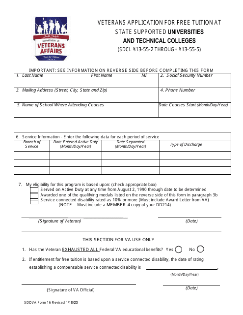 SDDVA Form 16  Printable Pdf