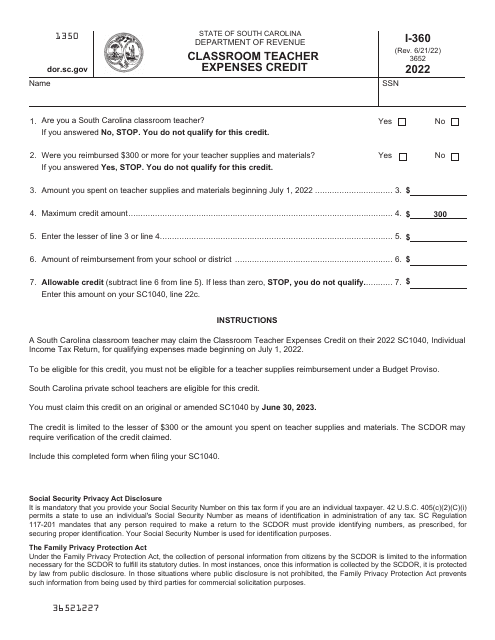 Form I-360 Classroom Teacher Expenses Credit - South Carolina, 2022